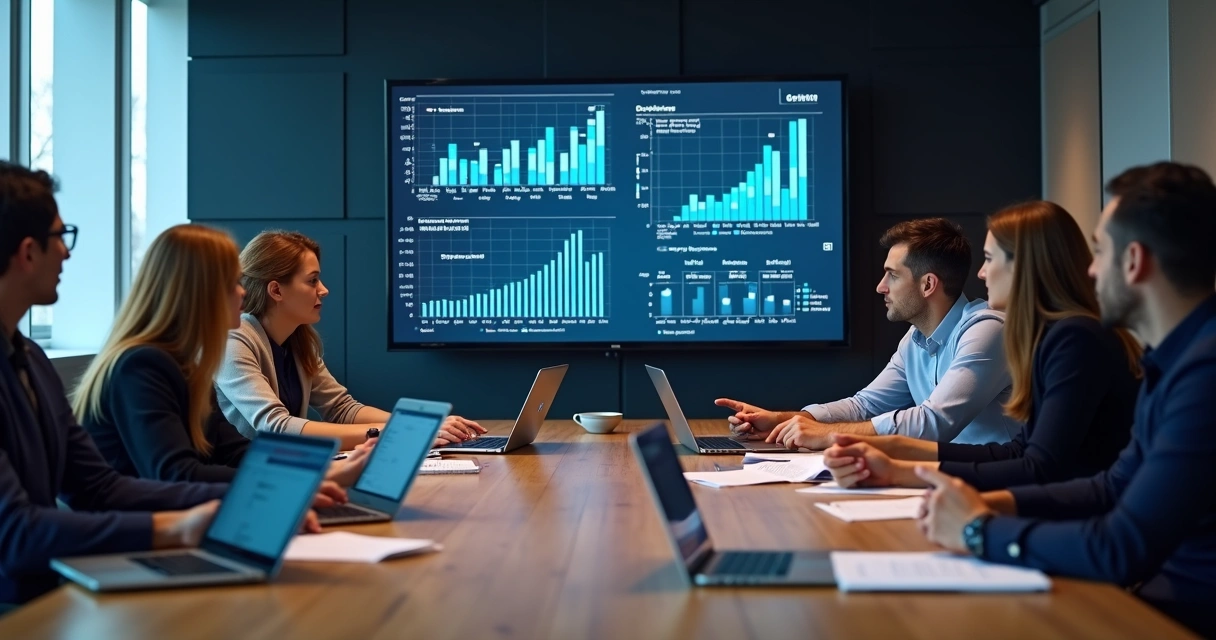 Equipe em reunião analisando dados de leads e vendas B2B