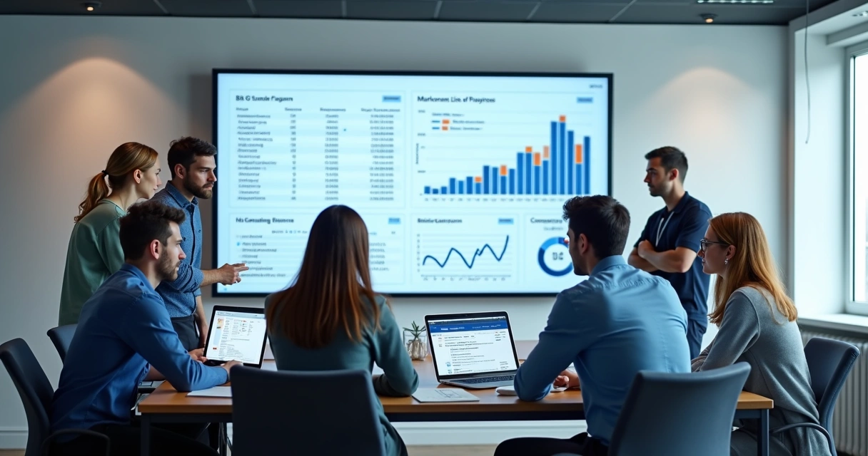 Equipe analisando gráficos e dados de outbound marketing