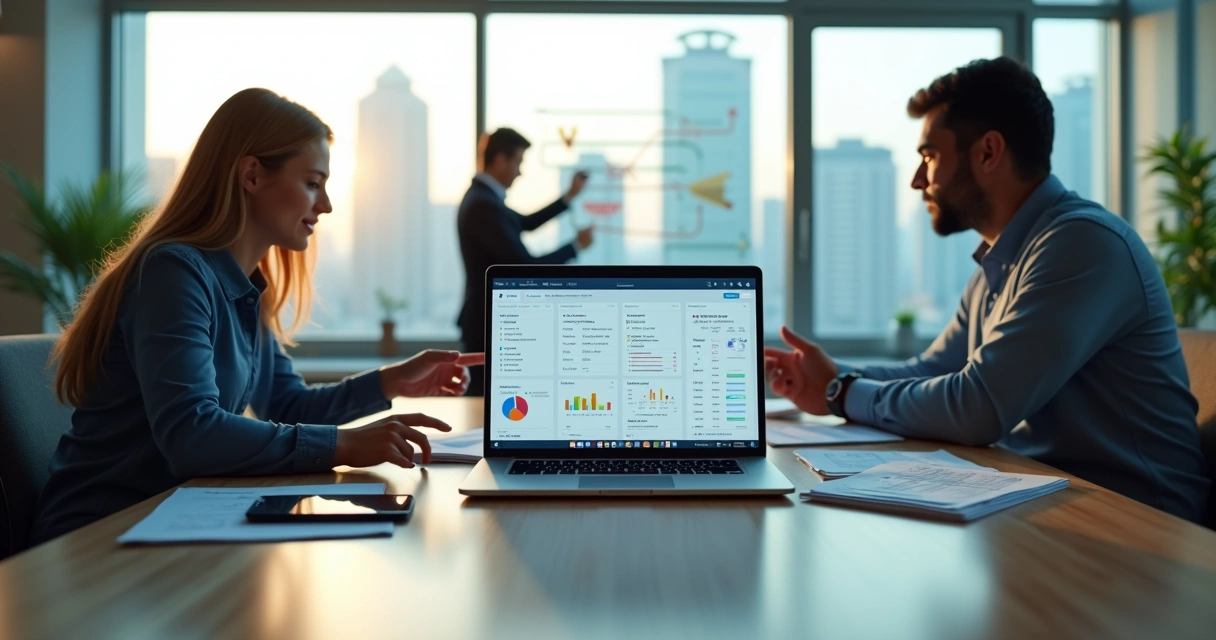 Painel de CRM em laptop com equipe de vendas analisando dados B2B em escritório moderno