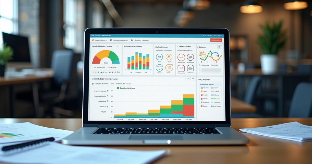 Tela de CRM industrial em um notebook com gráficos coloridos 