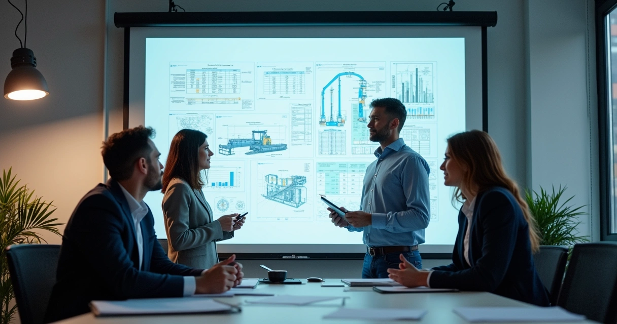 Equipe comercial diante de um quadro branco com fluxograma de prospecção industrial 